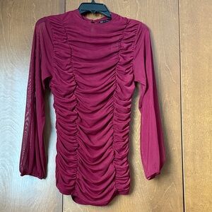 New York & Company Burgundy Ruched Top, Sheer Sleeves, NWT Sz Med